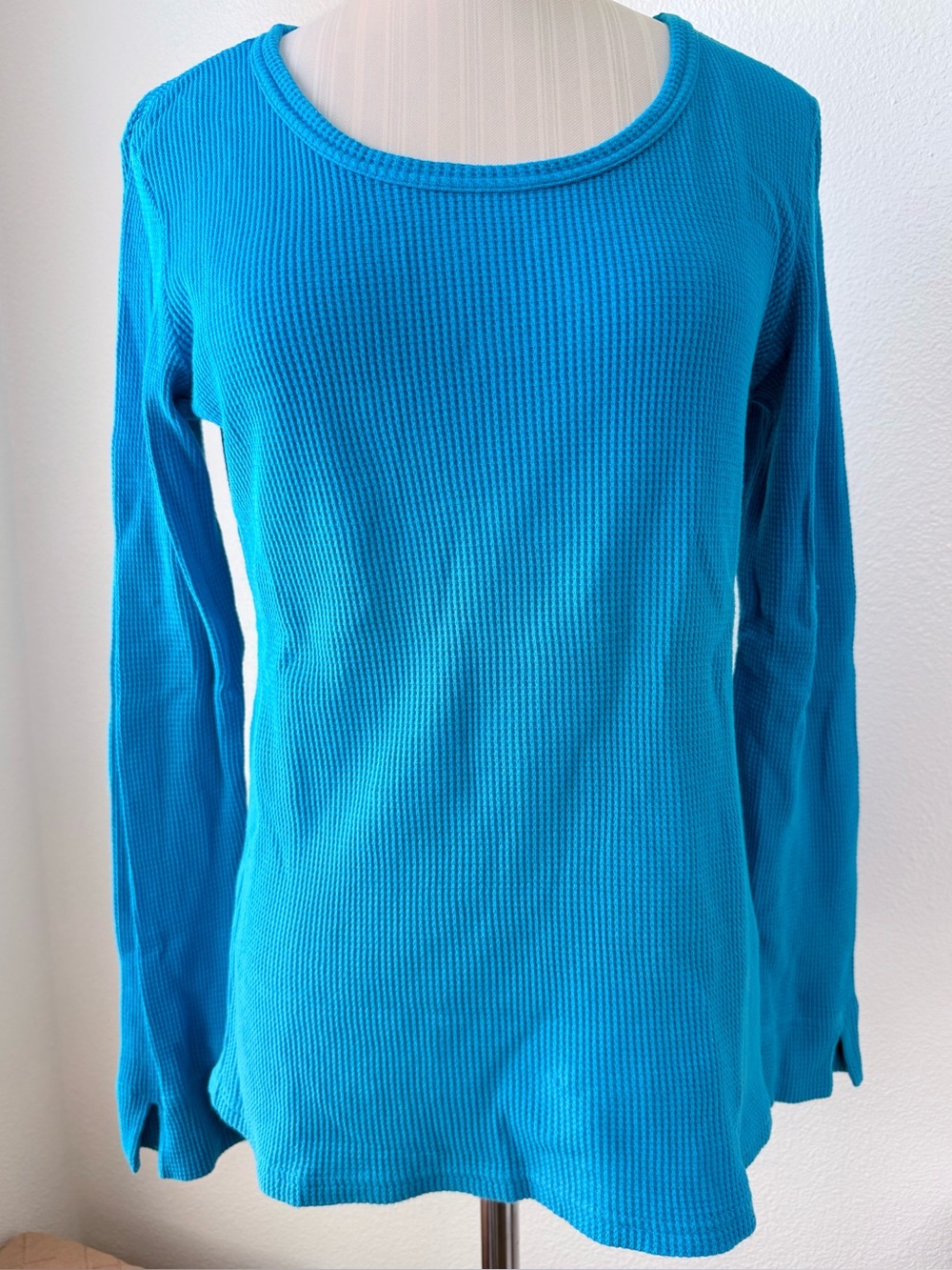 Vintage Christine Alexander Teal Blue Thermal Waffle Knit Top Cotton Medium